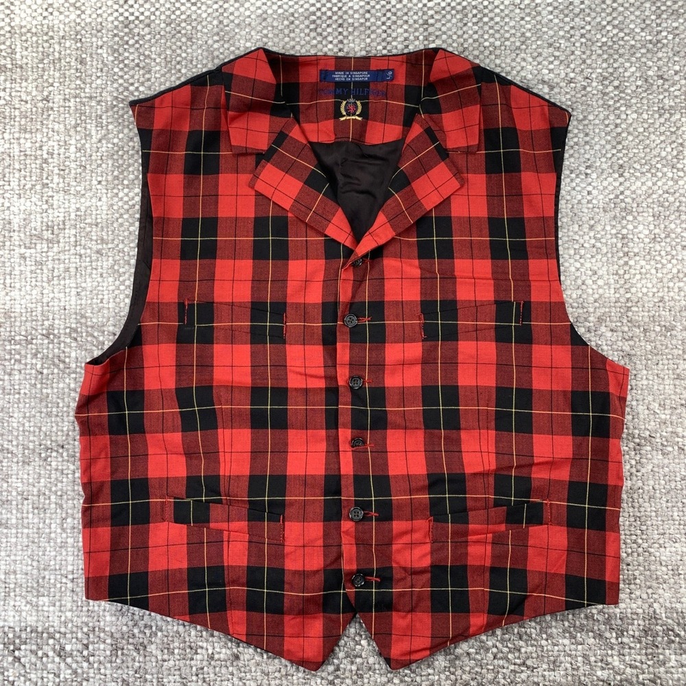 Tommy Hilfiger Vest Men Large Red Black Plaid Wool Blend Button Front Cinch Back